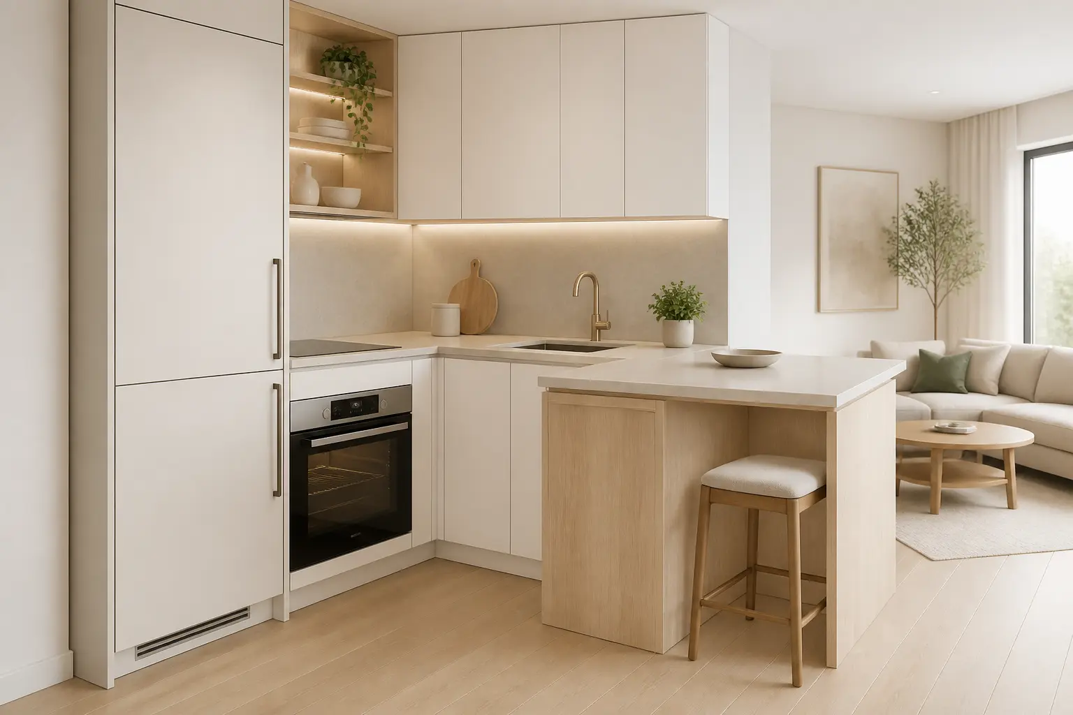 Cuisine en l compacte avec four et frigo intégrés, retour de plan de travail en bar et tabouret.