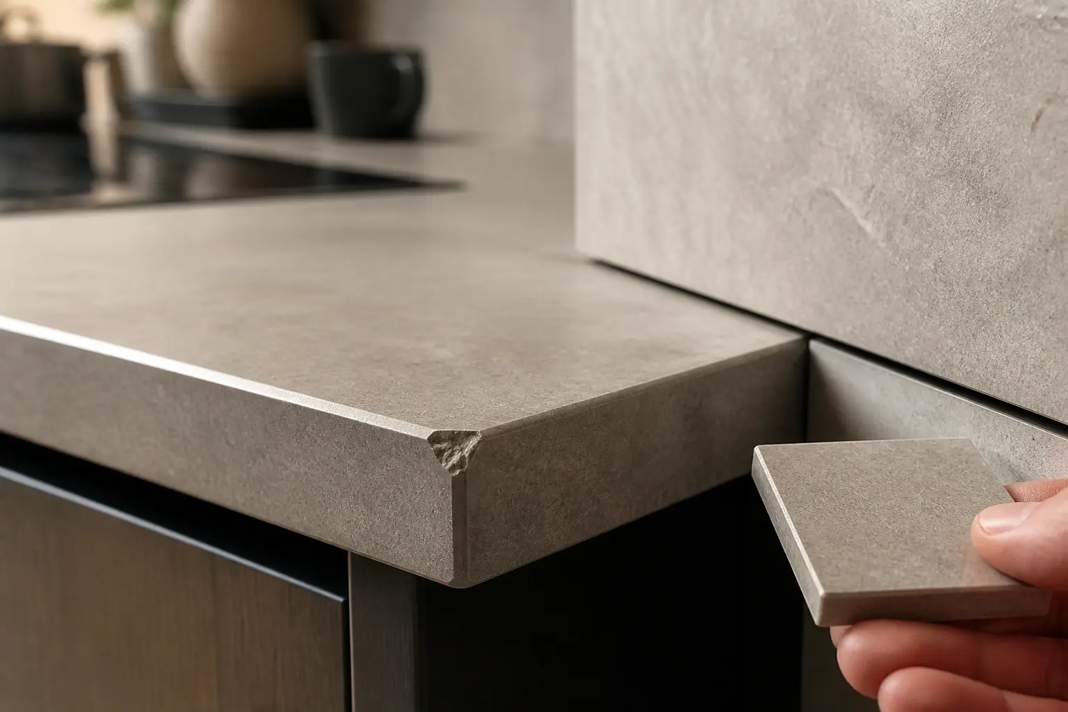 Plan de travail Dekton : éclat discret sur un bord et joint fin contre le mur, avec échantillon en main.