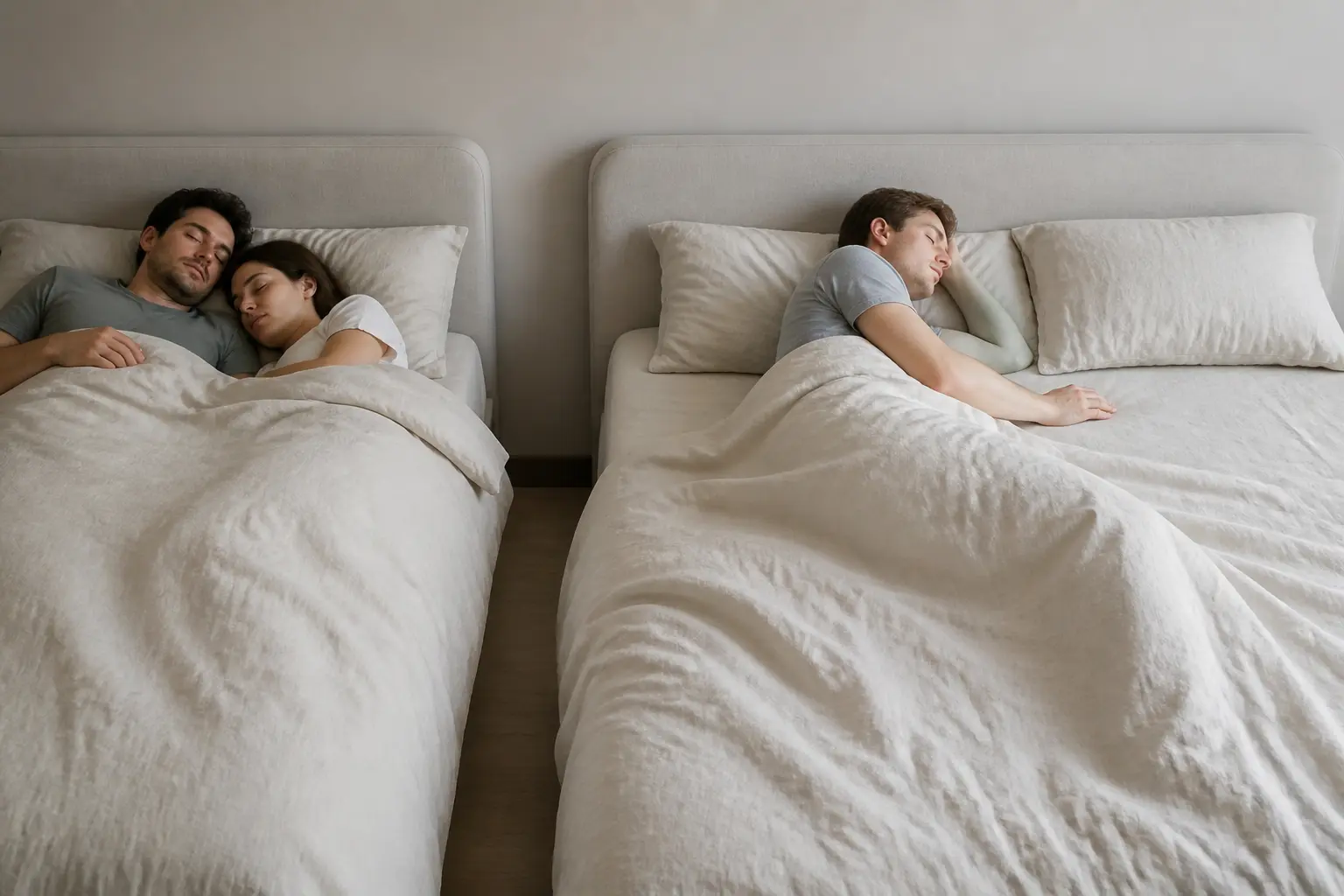 Comparaison de dimension lit 2 places : deux dormeurs serrés dans un lit compact et plus d’espace dans un lit large.