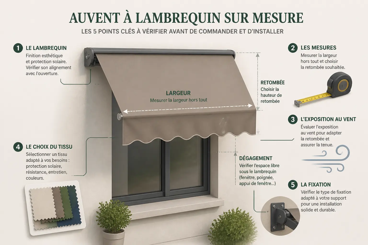 Lambrequin sur store banne, mètre, vent, échantillon matière et fixation pour une pose précise.