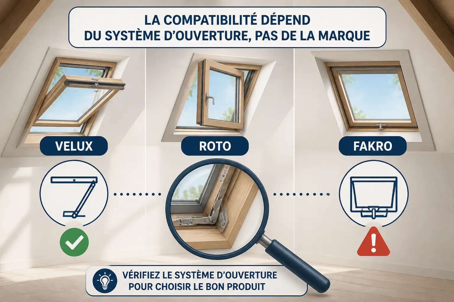 Schéma comparatif de moustiquaire velux selon VELUX, ROTO et FAKRO avec mécanismes d’ouverture et alertes.