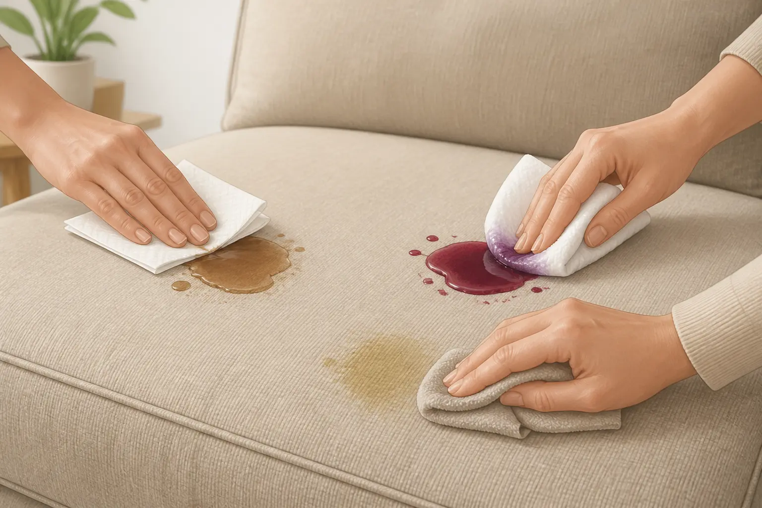 Nettoyer canapé tissu : coussin taché de café, vin rouge et graisse, avec gestes doux de tamponnage.