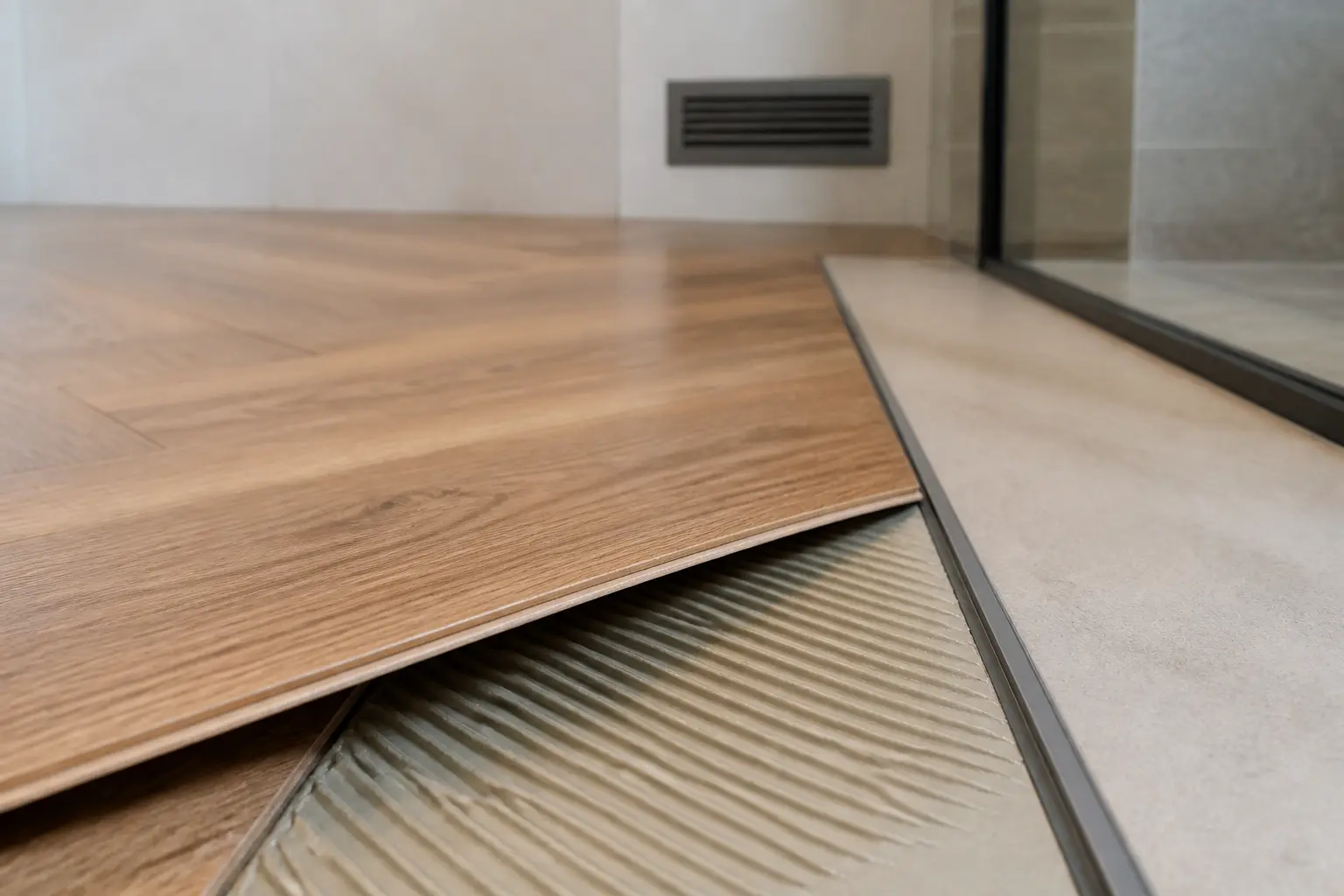 Parquet salle de bain collé sur chape préparée, joint étanche et grille de ventilation discrète.