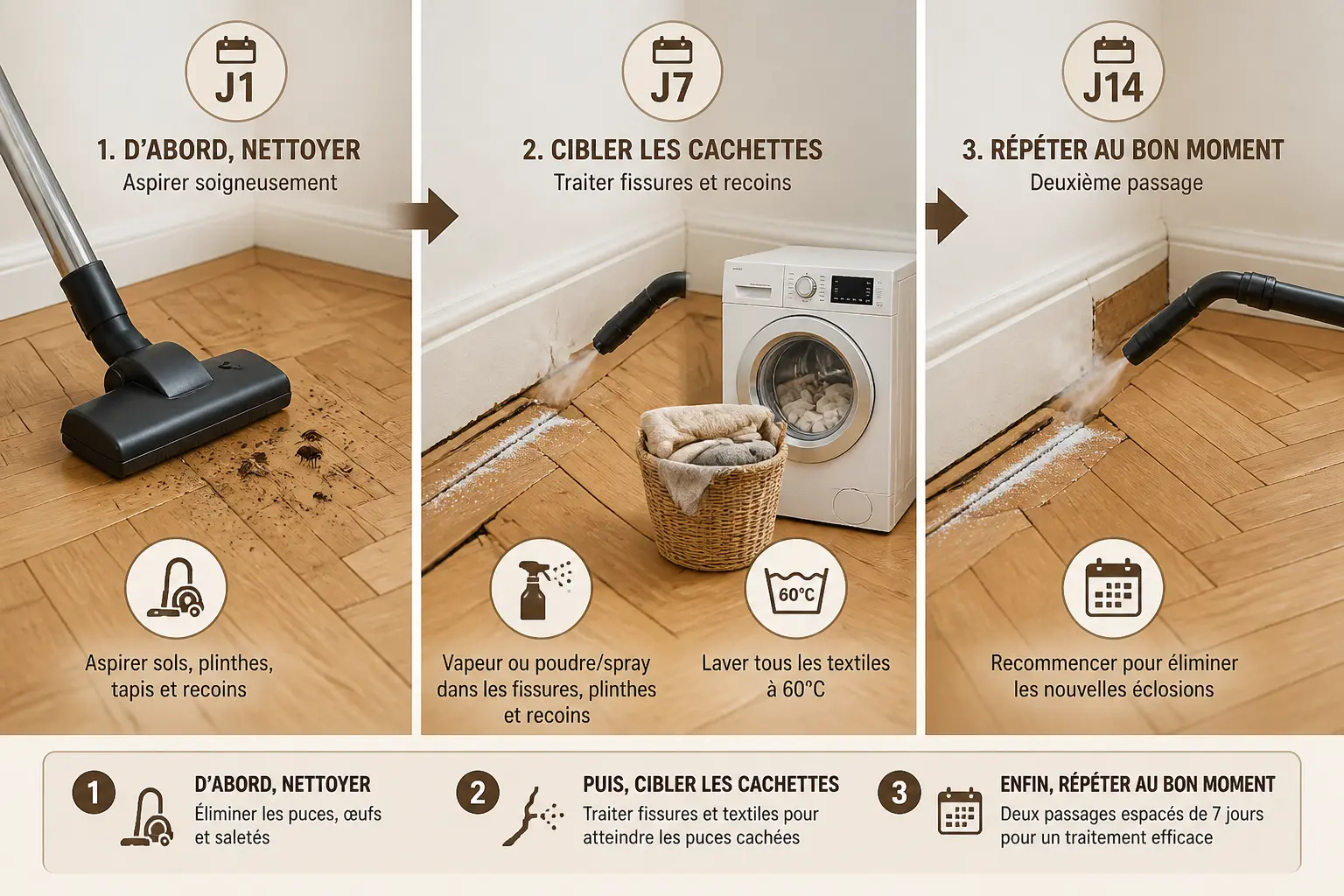 Puce de parquet : schéma en 3 étapes J1, J7, J14 avec aspiration, lavage 60°C et traitement des fissures.