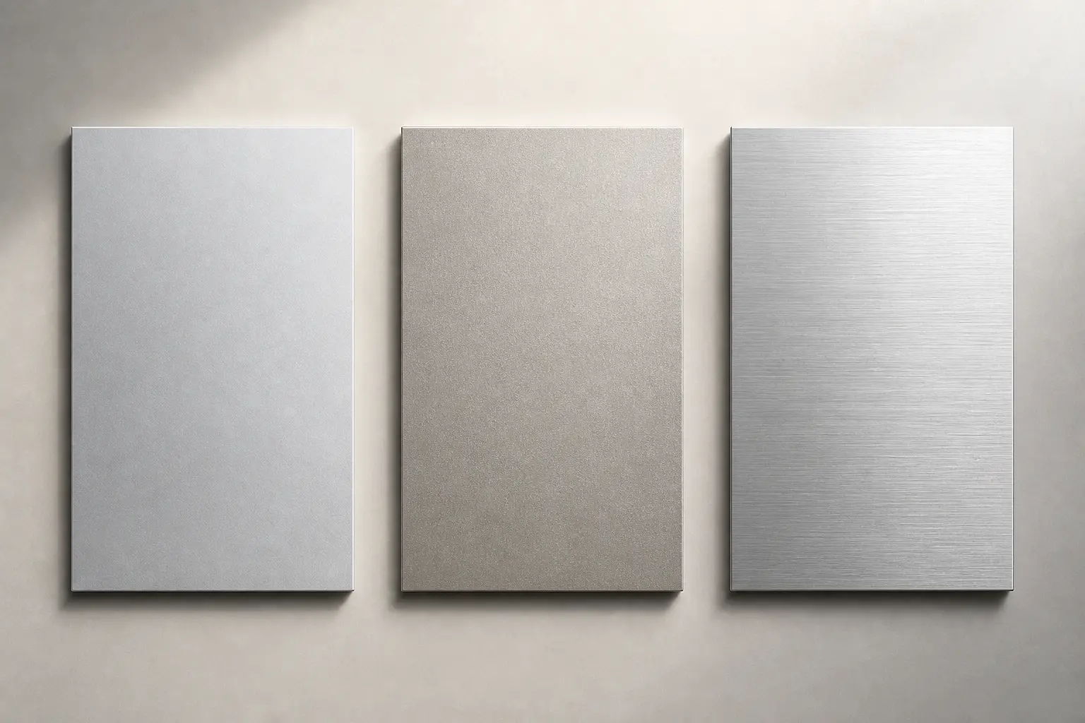 RAL 9006, RAL 9007 et aluminium naturel comparés en trois échantillons métalliques sur fond neutre.