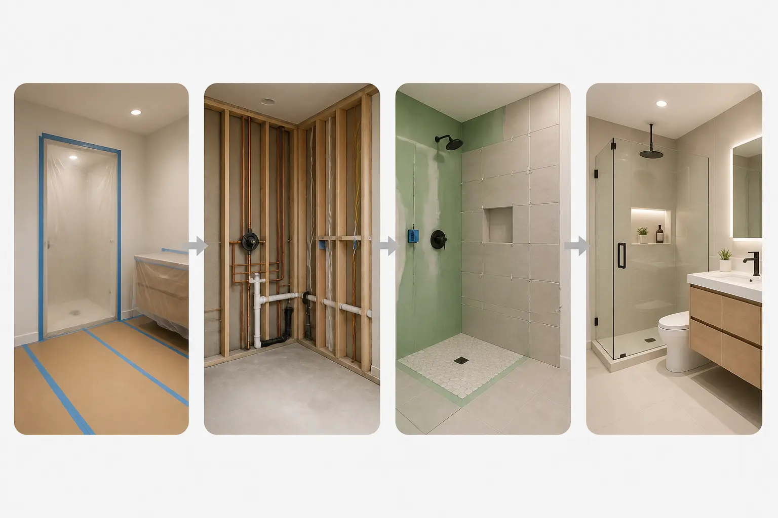 Renover une salle de bain : 4 étapes illustrées, de la préparation protégée aux finitions modernes.