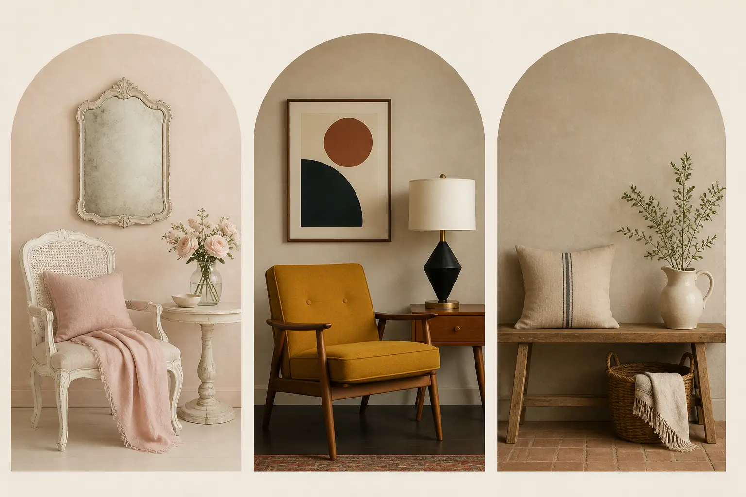 Comparatif shabby chic, vintage et cottage : trois vignettes d’intérieur aux styles distincts