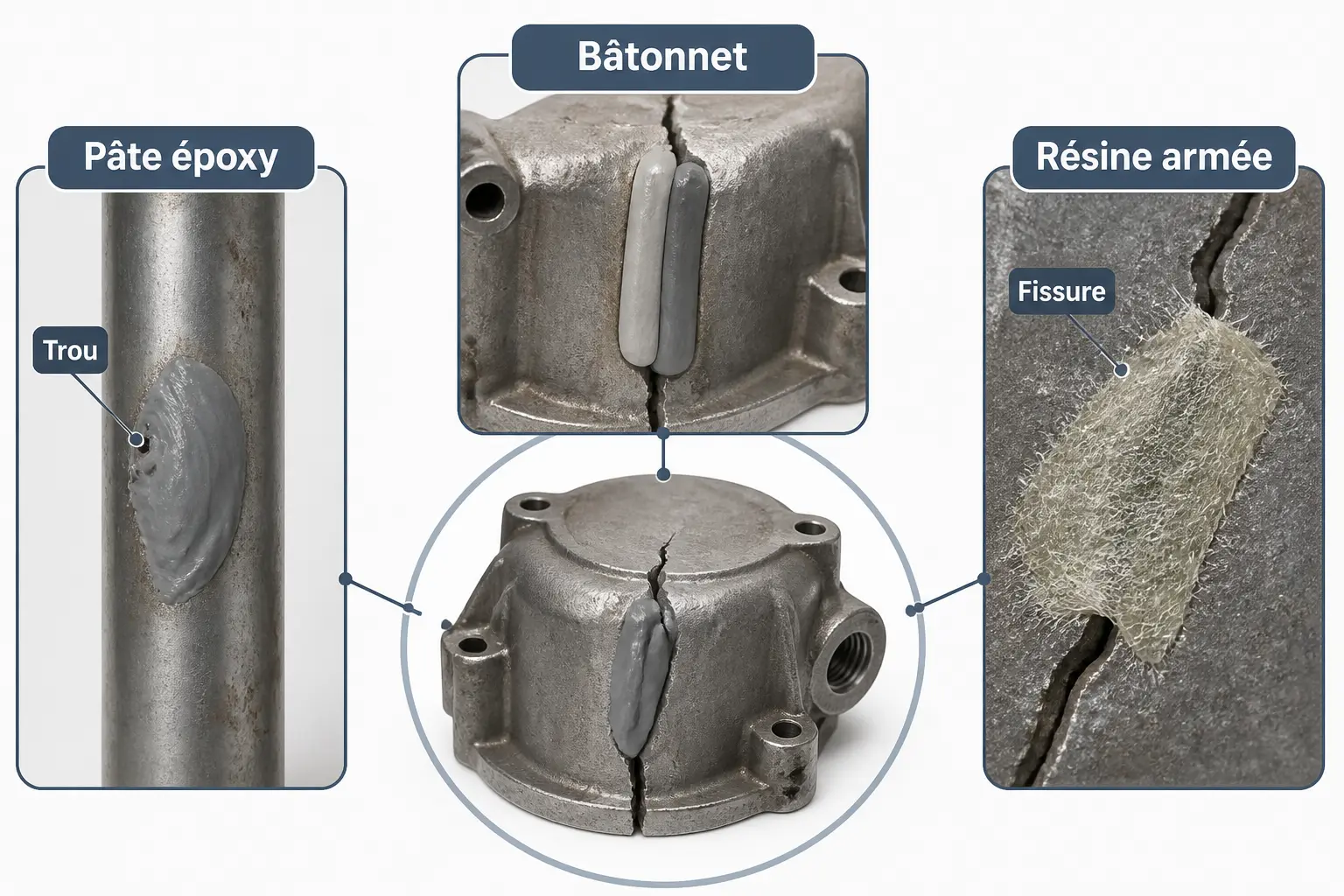 Soudure a froid : comparaison de pâte époxy, bâtonnet et résine armée selon trou ou fissure sur métal