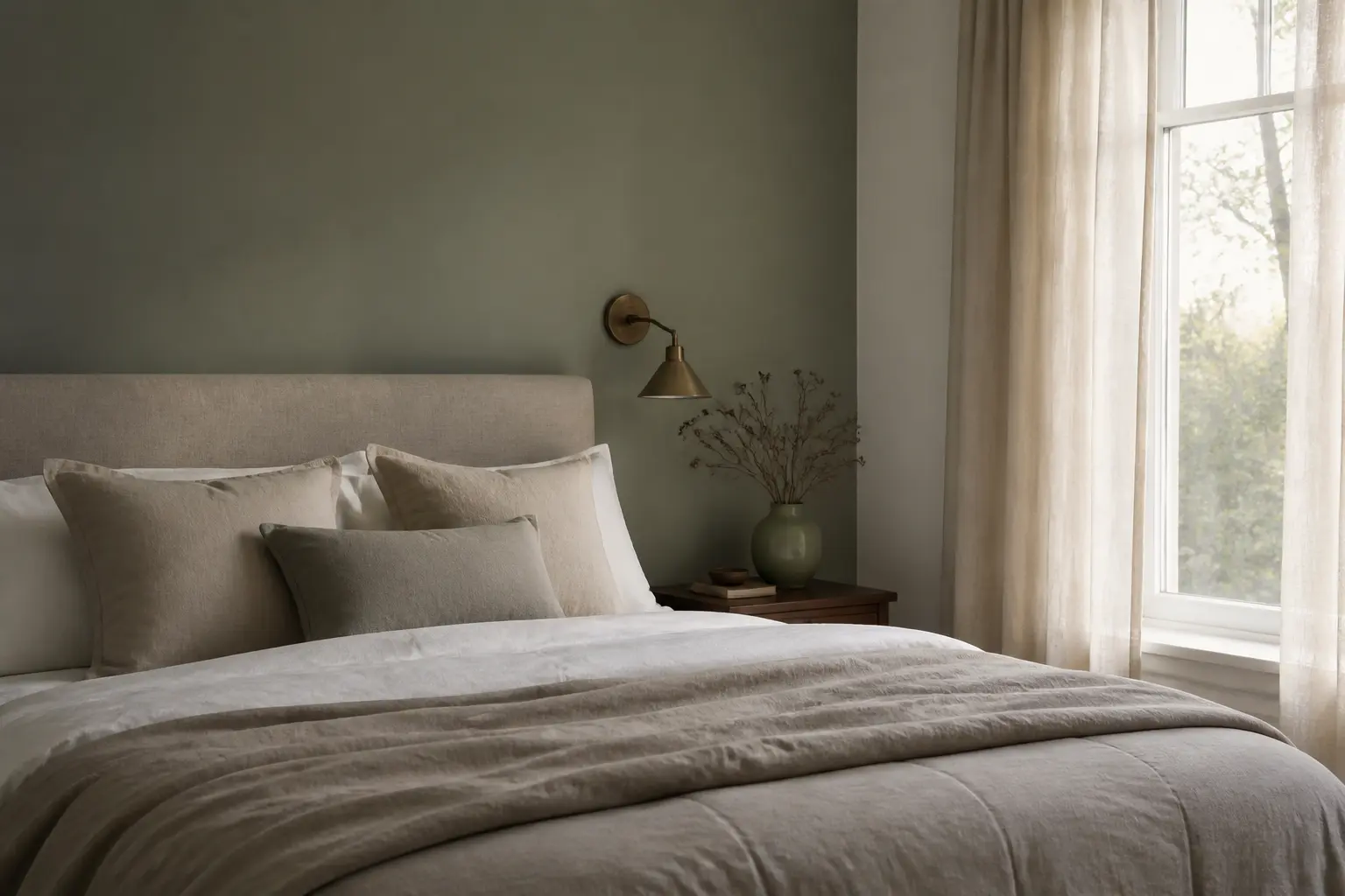 Chambre sereine avec tête de lit vert amande, linge neutre et lumière naturelle douce.
