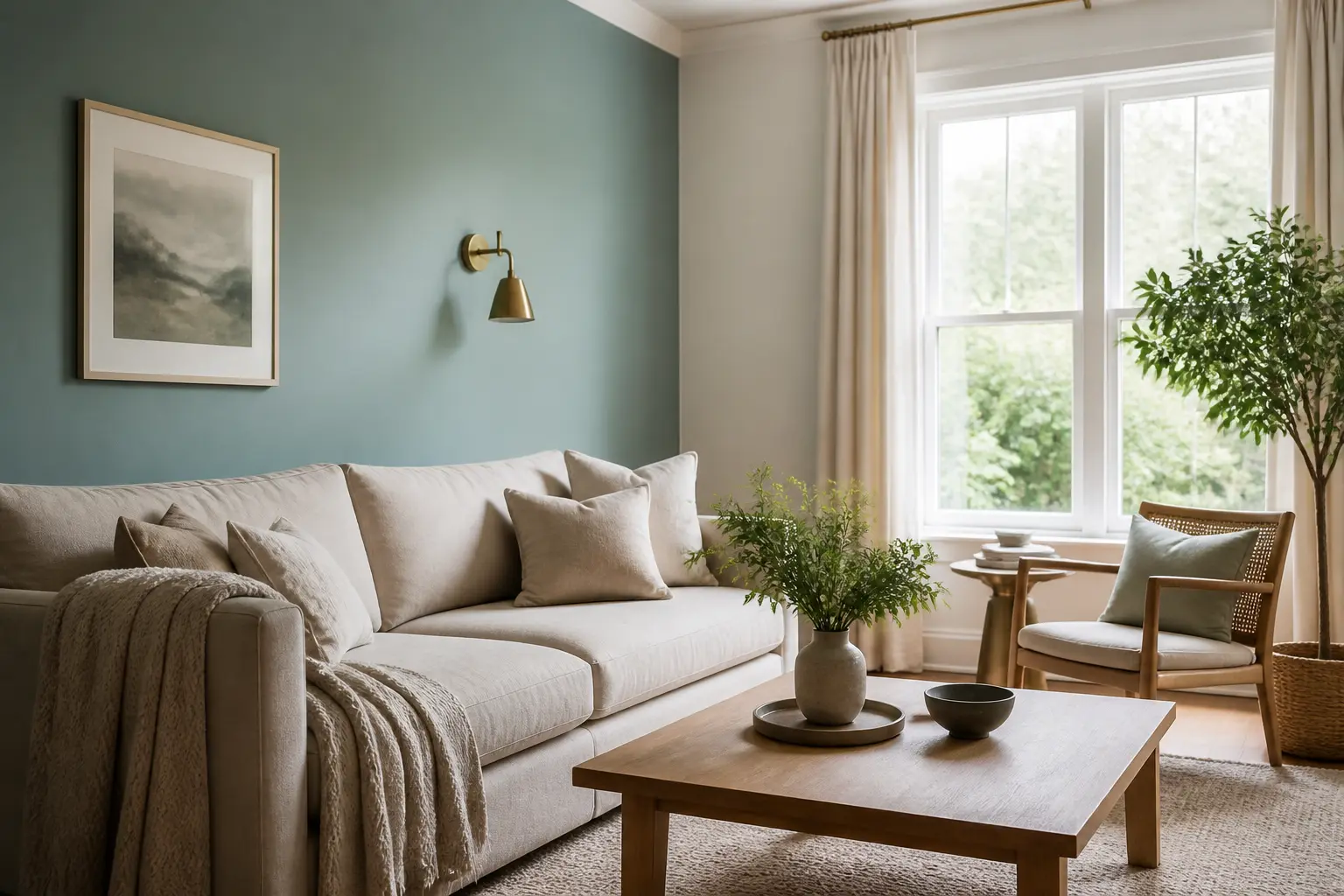 Salon lumineux avec mur vert d eau, canapé beige, bois clair et détails laiton pour une ambiance douce.