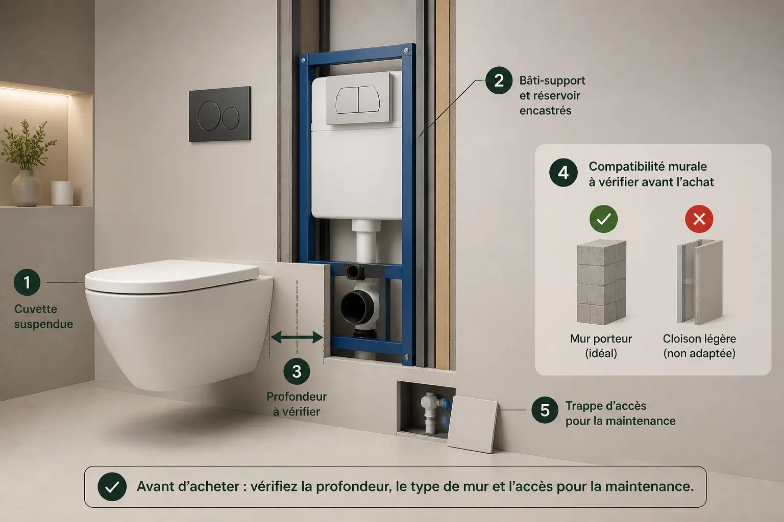 wc suspendu geberit : schéma de pose montrant profondeur, type de mur et accès de maintenance