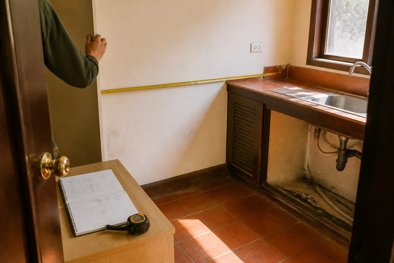 amenagement petite cuisine 4m2 mesurée avant rénovation, mètre ruban, croquis, main et contraintes visibles