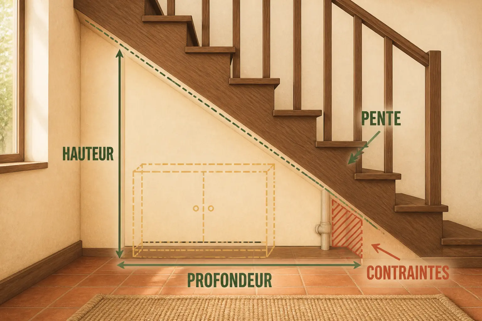 Mesures pour aménager sous un escalier : hauteur, profondeur, pente et contraintes d’un espace à aménager.