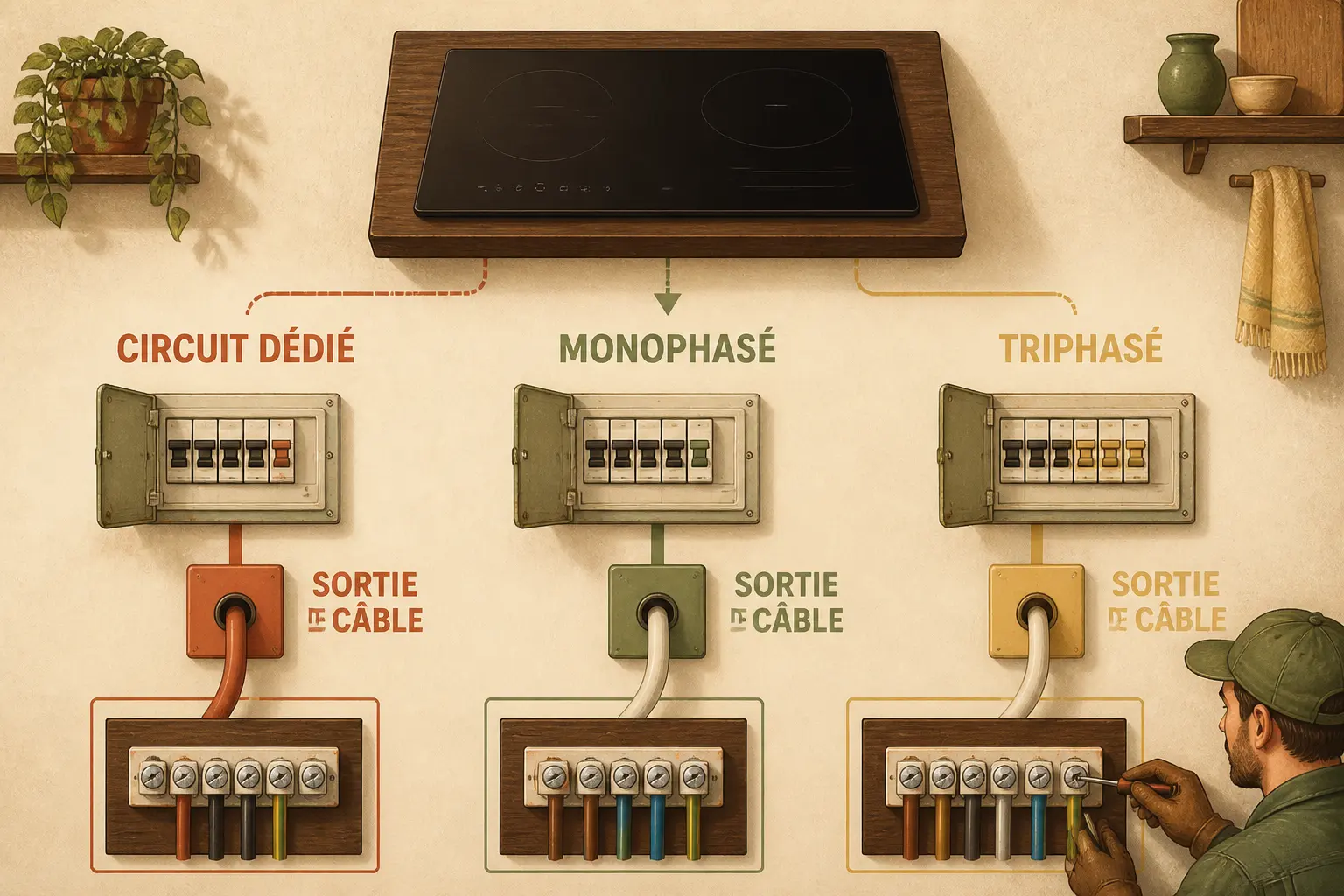 Schéma du branchement plaque induction : circuit dédié, monophasé, triphasé et sortie de câble avec électricien.