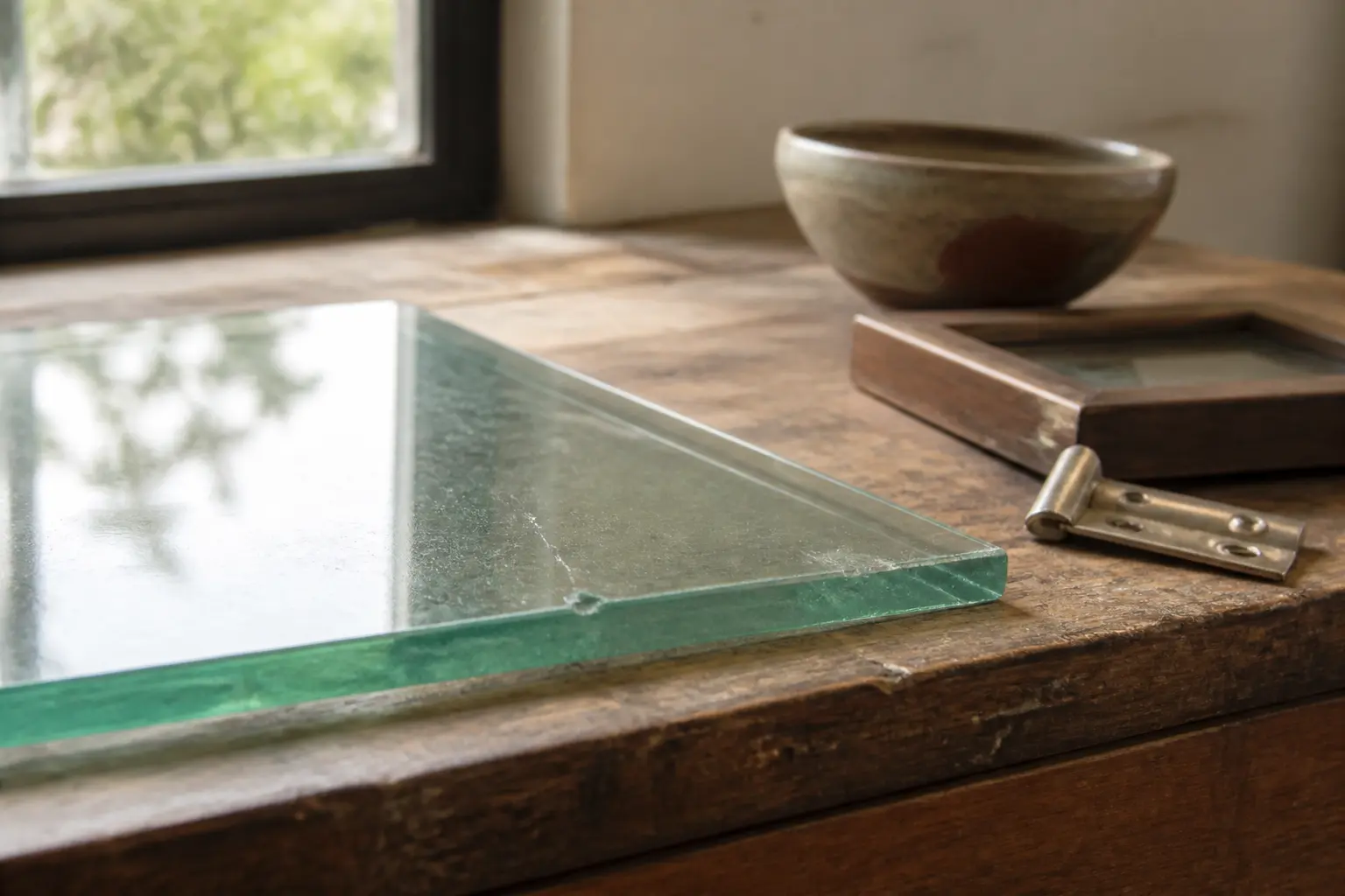 Inspecter avant de coller le verre : bord d’étagère en verre usé, éclats, test d’ajustement sur table d’atelier.