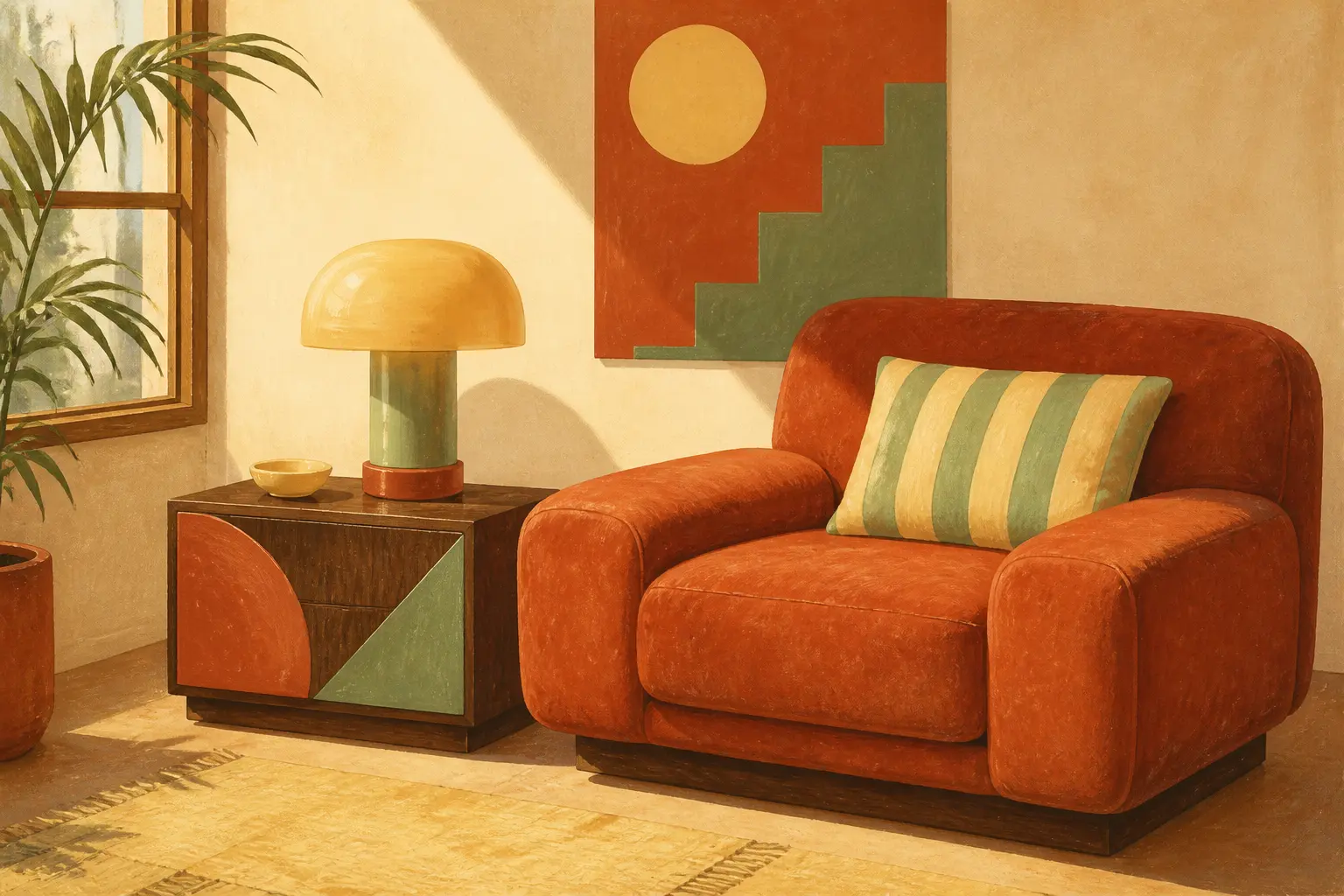 Déco année 80 : salon stylisé aux couleurs terracotta, sauge et bois noyer, lampe plastique et formes Memphis.