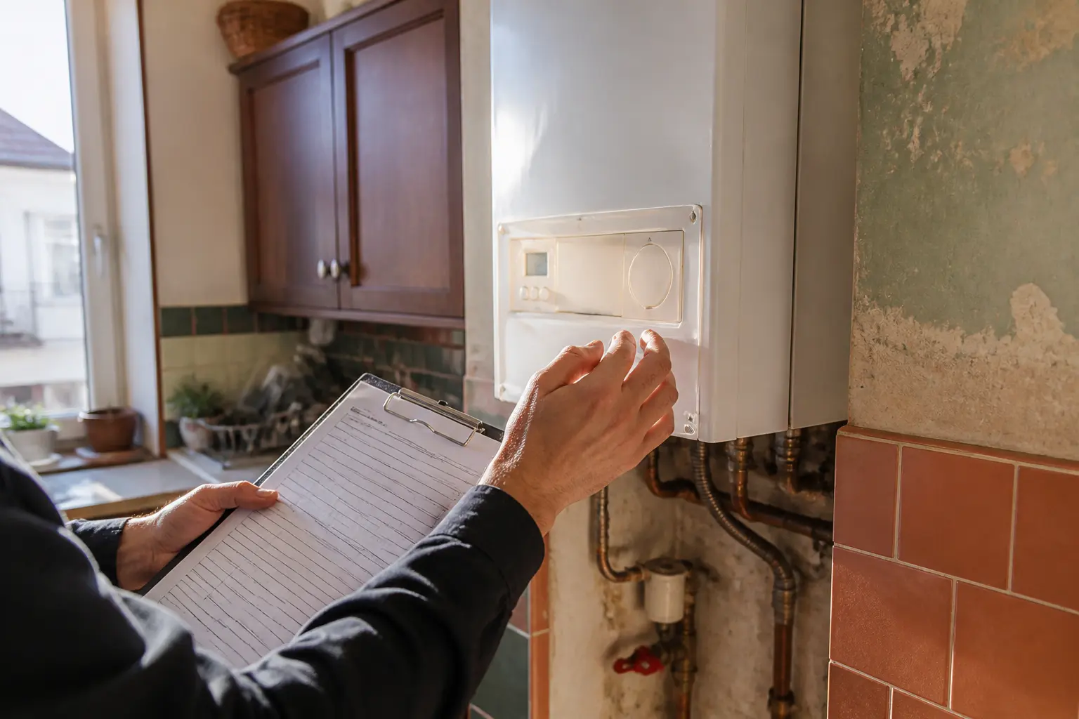 entretien chaudière locataire : technicien vérifiant une chaudière murale dans une cuisine d’appartement, carnet et outils en main