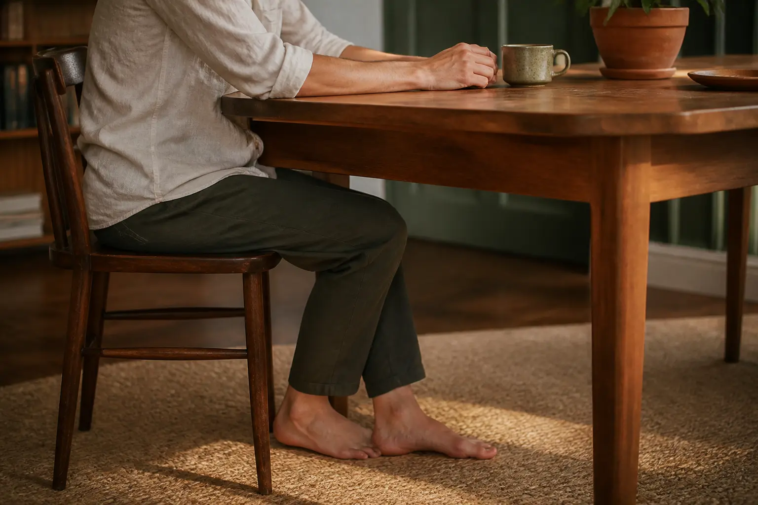 Hauteur table à manger idéale : table 73-75 cm, jambes libres et posture confortable dans une salle à manger chaleureuse.