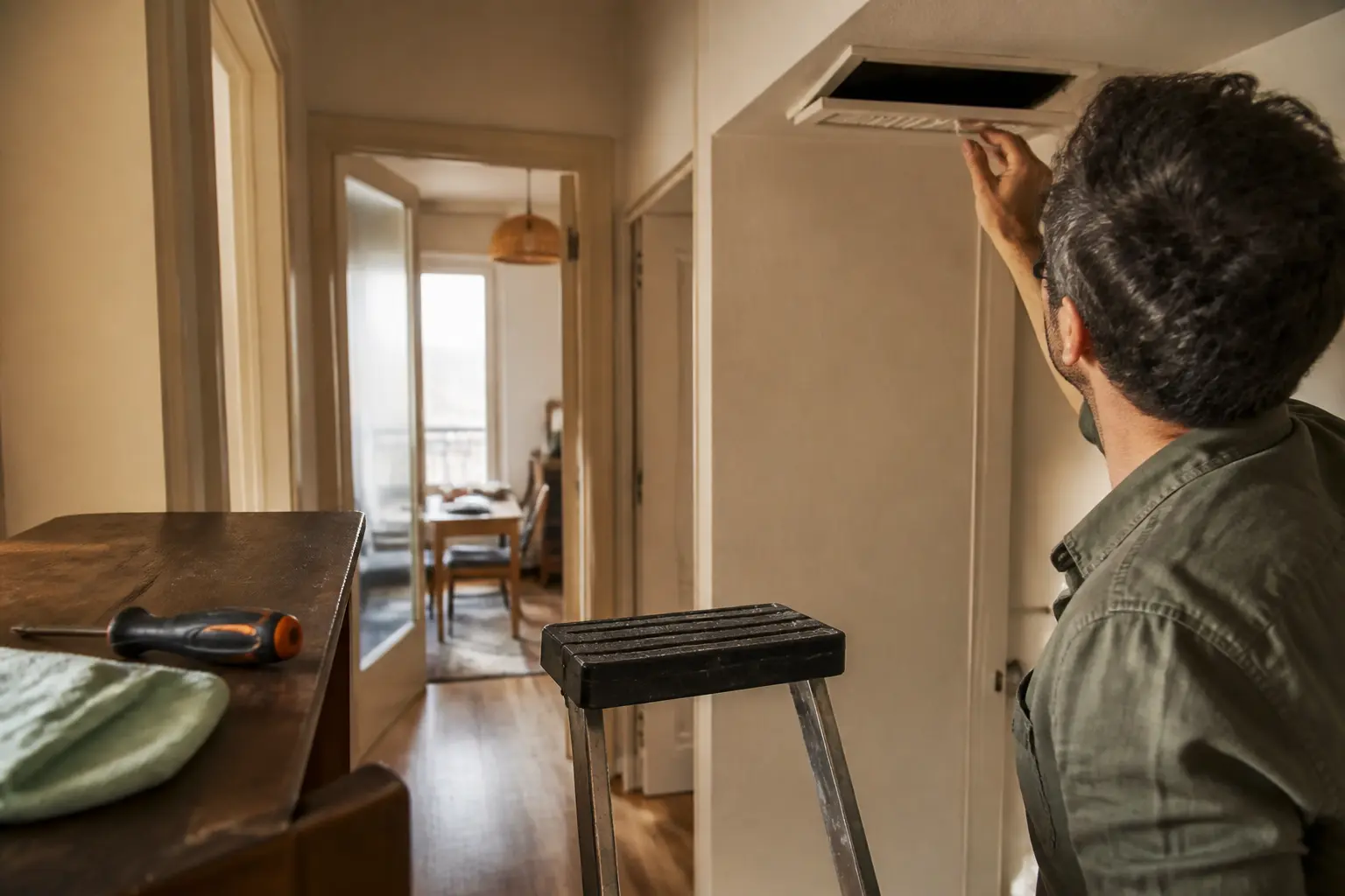 Préparer à nettoyer vmc dans un appartement : grille de ventilation entrouverte, tournevis et chiffon près d’un escabeau.