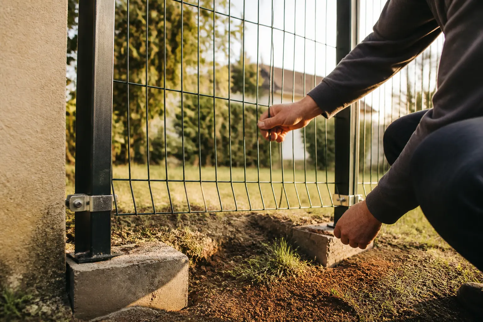 Inspection d’un grillage rigide à occulter : panneau légèrement de travers, fixations et poteaux à vérifier dans un jardin