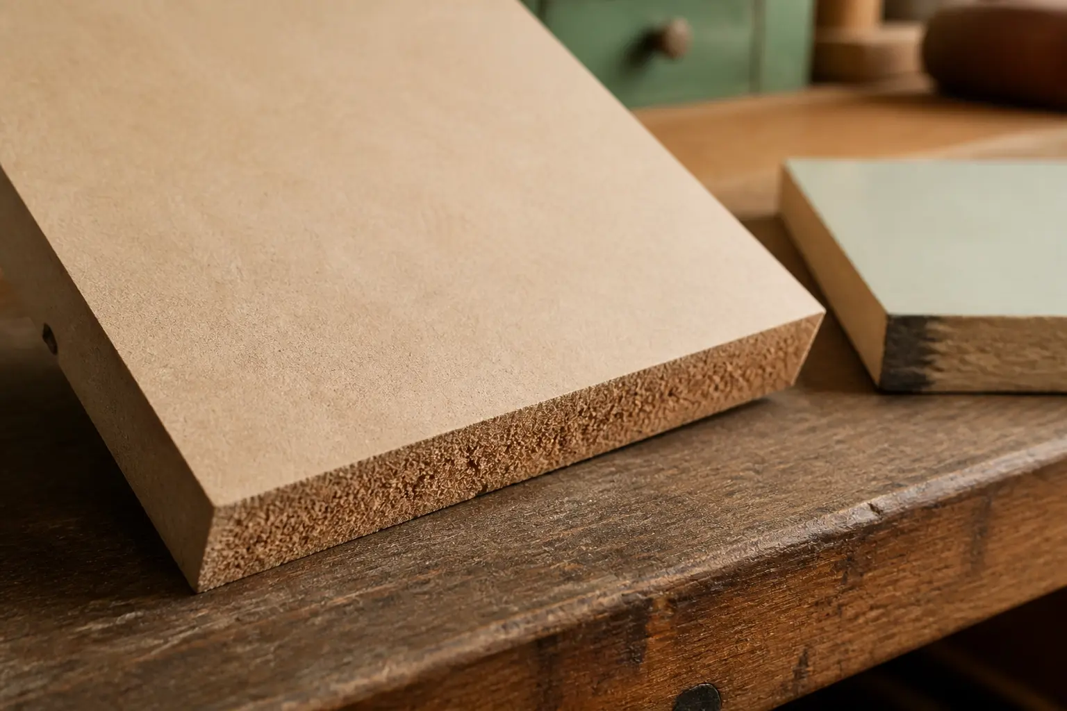Peindre MDF : panneau brut montrant face lisse et chant poreux, en atelier, sous lumière douce du matin