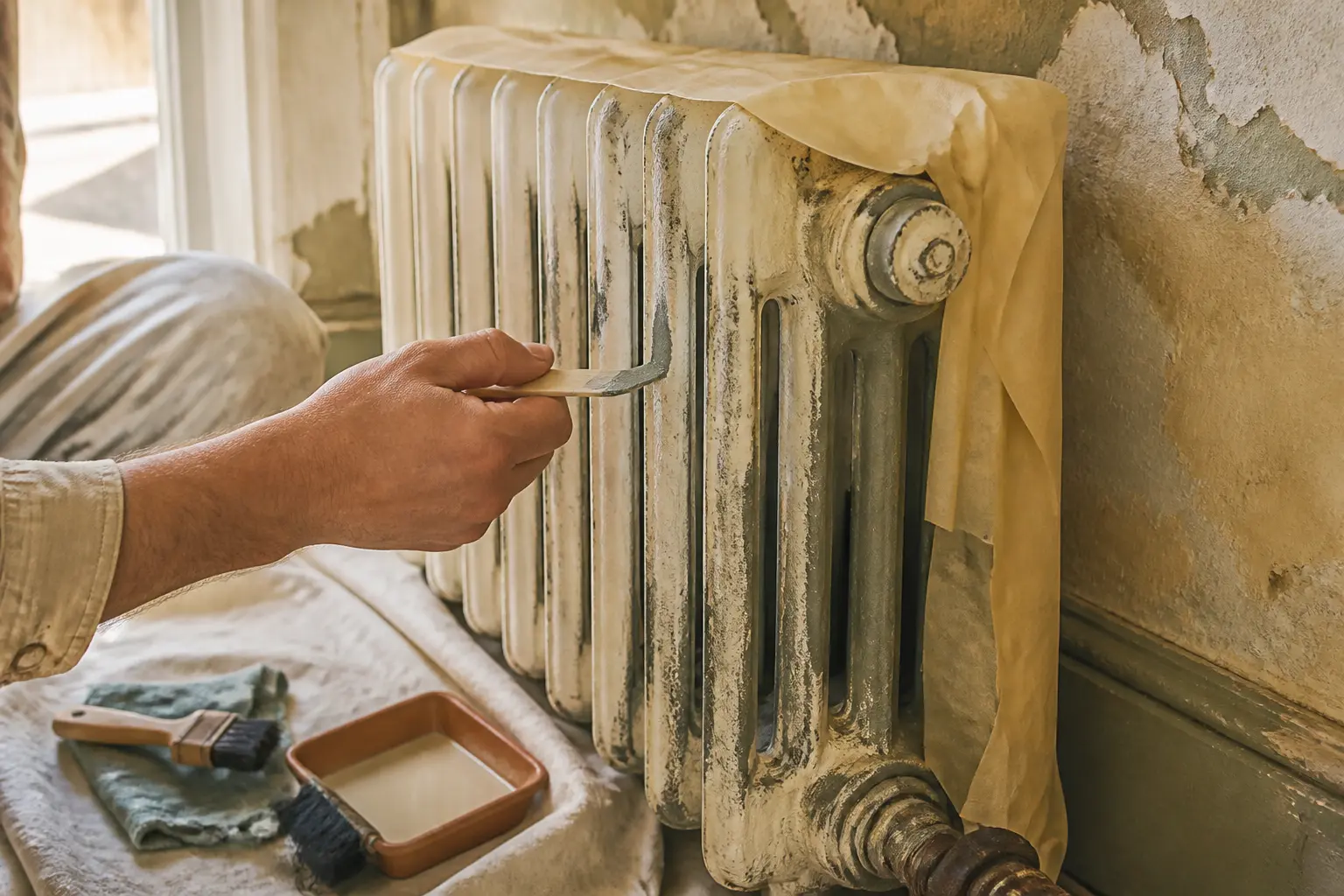 Avant de peindre un radiateur en fonte, inspection d’un radiateur ancien protégé, avec bâche, outils et peinture écaillée.