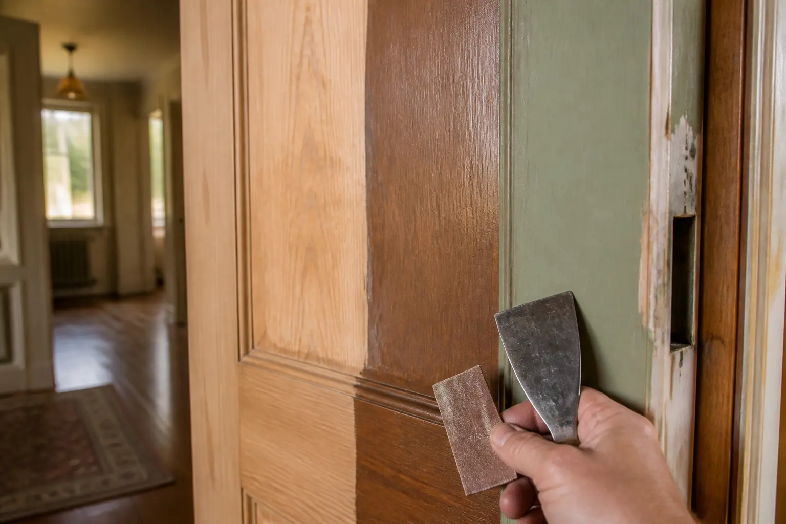 Avant de peindre une porte en bois, diagnostic d’une porte intérieure : bois brut, vernis, peinture, usure et ponçage.