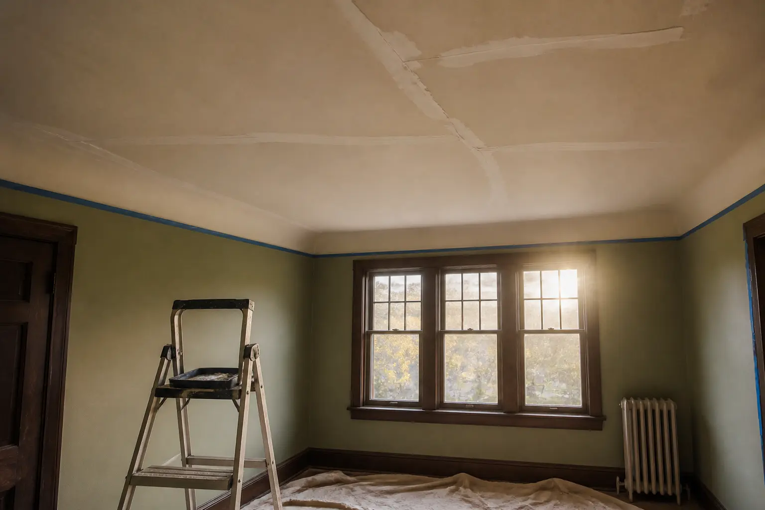 Préparation d’un plafond avant peinture plafond sans trace, avec fissures réparées, ruban de masquage et bâche au sol.