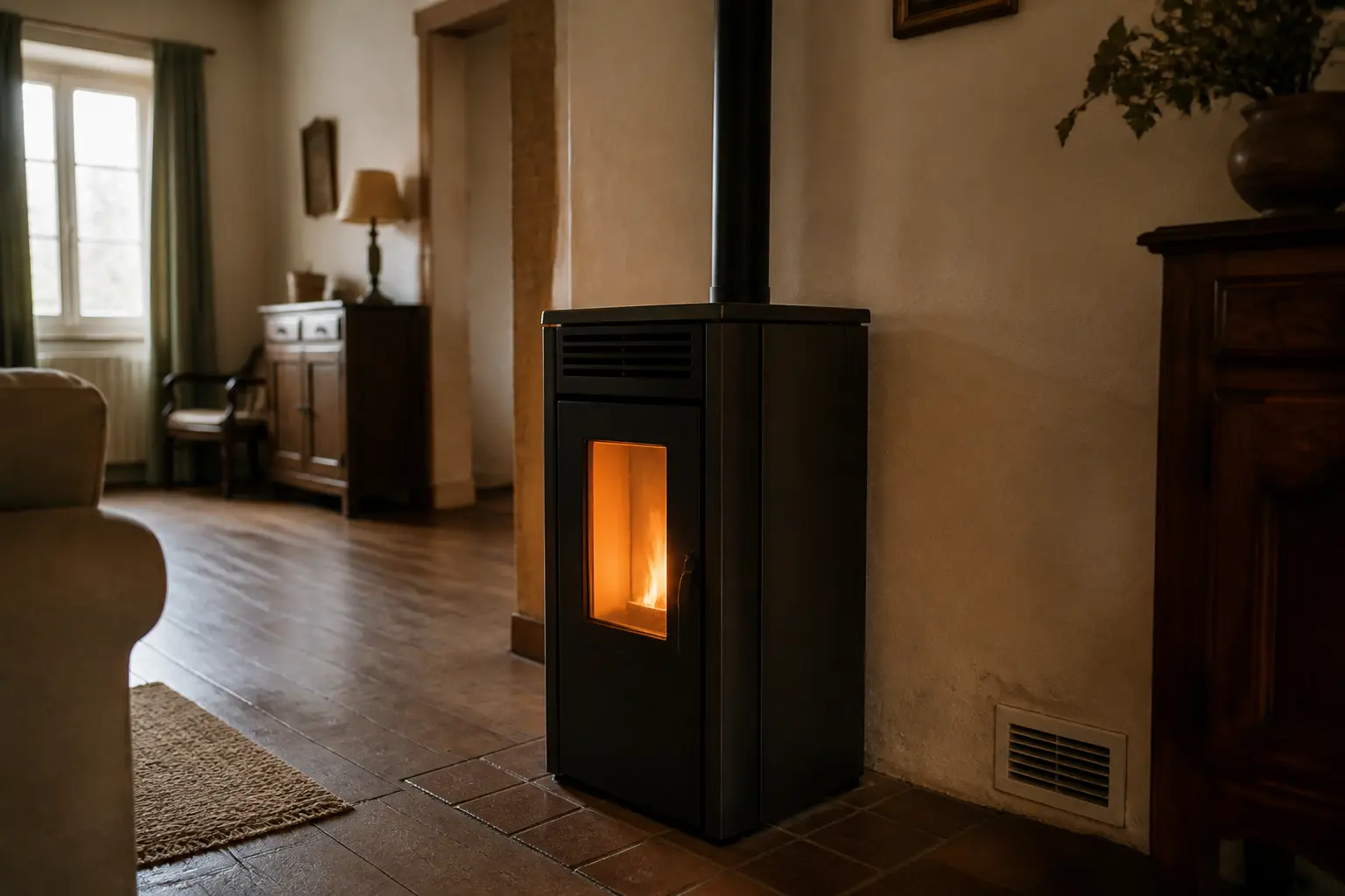 Peut-on laisser un poêle à pellet la nuit : poêle à granulés allumé dans un salon français, flue visible, lumière douce avant l’aube