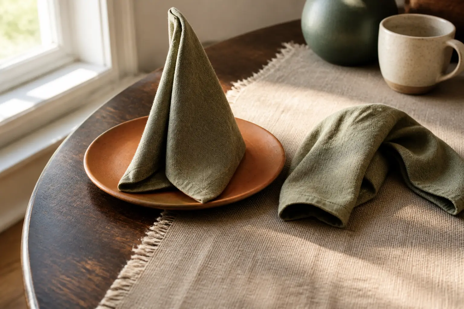 Pour plier une serviette de table, nappe en lin et serviettes pliées sur table en bois, lumière naturelle douce.