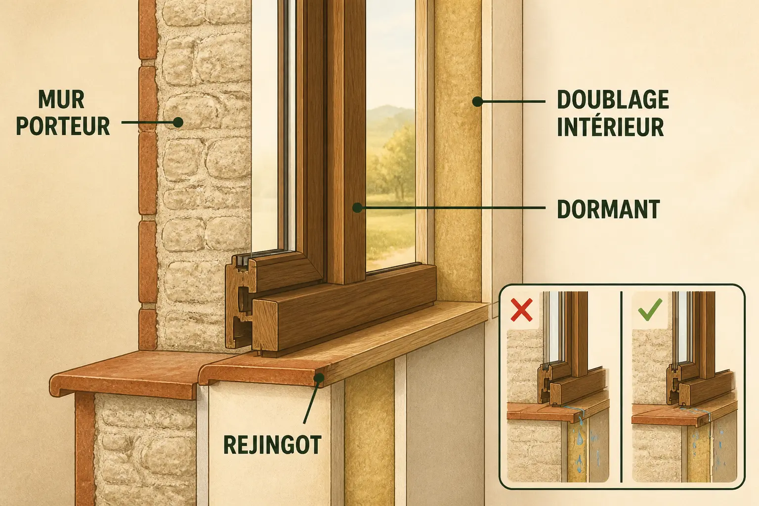 Schéma de pose fenetre en applique montrant une fenêtre alignée sur le doublage intérieur, mur porteur et rejingot visibles.