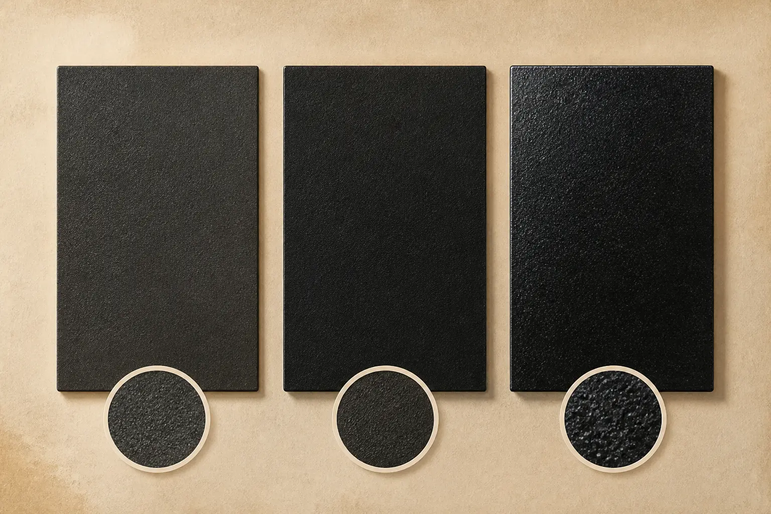 Comparaison visuelle du ral 2100 noir sablé et de deux finitions noires proches, avec zoom texture granuleuse.