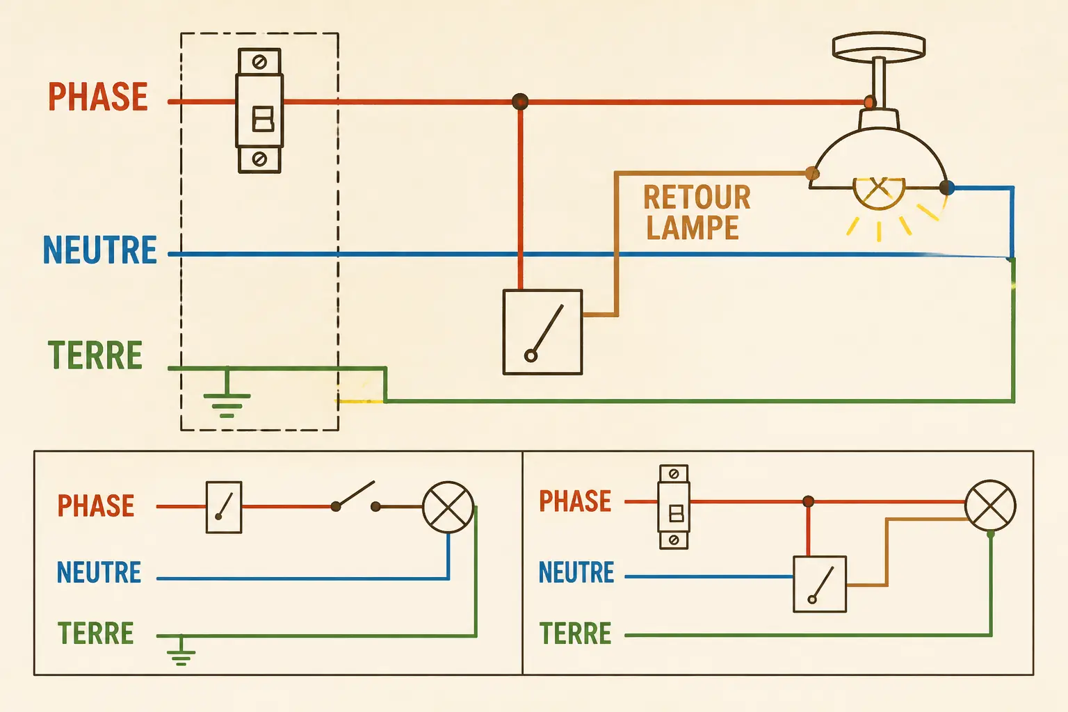 Schema electrique interrupteur d’un circuit éclairage avec phase, neutre, terre, retour lampe, disjoncteur et schéma unifilaire/multifilaire.
