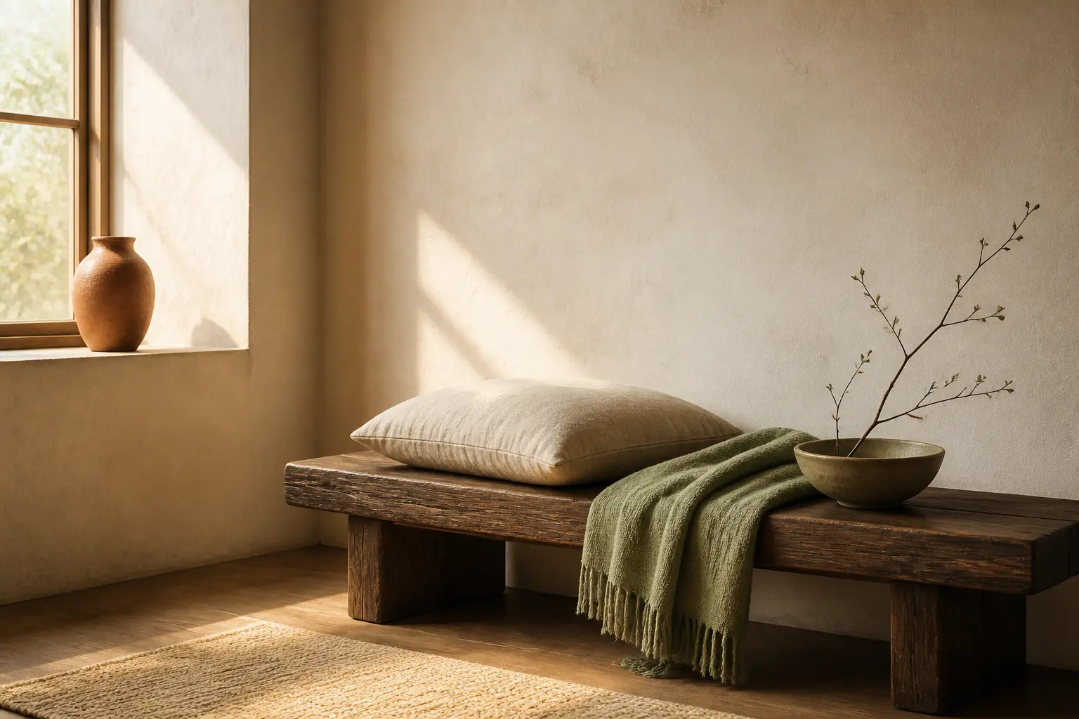 Intérieur style japandi interieur avec banc bas en bois, coussin en lin, vase céramique et branche, lumière douce.