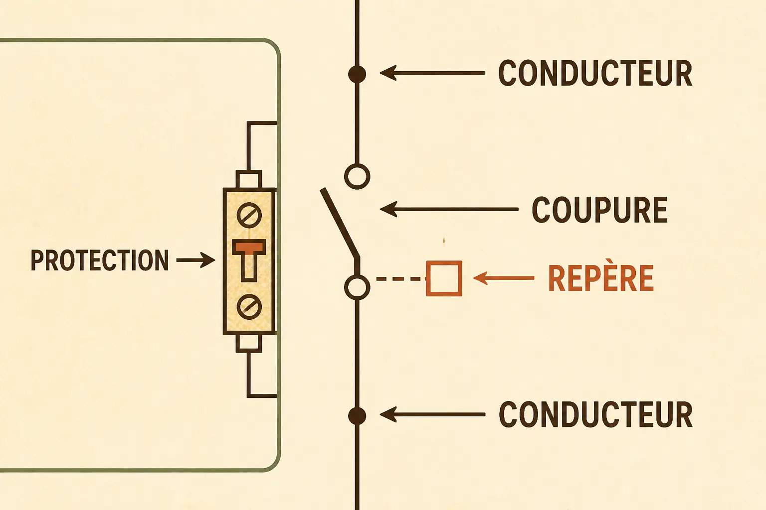 Symbole disjoncteur sur schéma électrique : coupure du conducteur, repère du dispositif et protection associée.