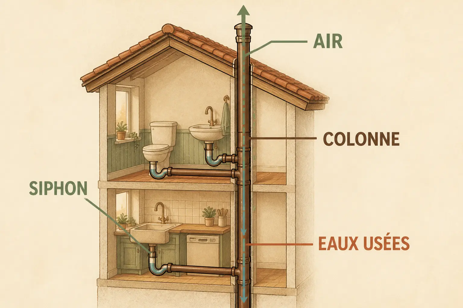 Schéma technique d’une ventilation primaire d’évacuation : colonne, siphons, eaux usées et air jusqu’au toit.