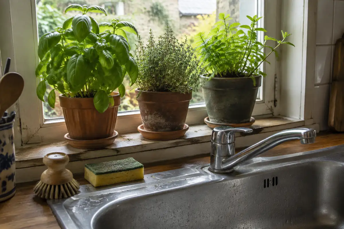 Pots d'herbes aromatiques sur le rebord d'une fenêtre au-dessus d'un évier