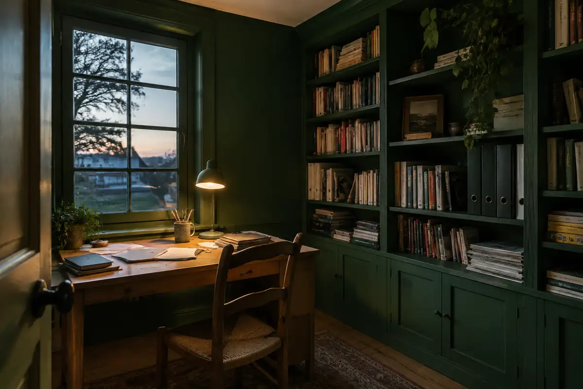 Petit bureau entièrement peint en vert sapin, bibliothèque comprise, éclairé par une lampe chaude