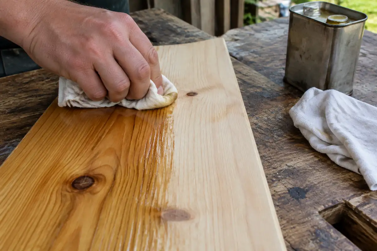 Une main étale au chiffon une couche fine d'huile sur une planche de pin poncée, dans le sens du fil