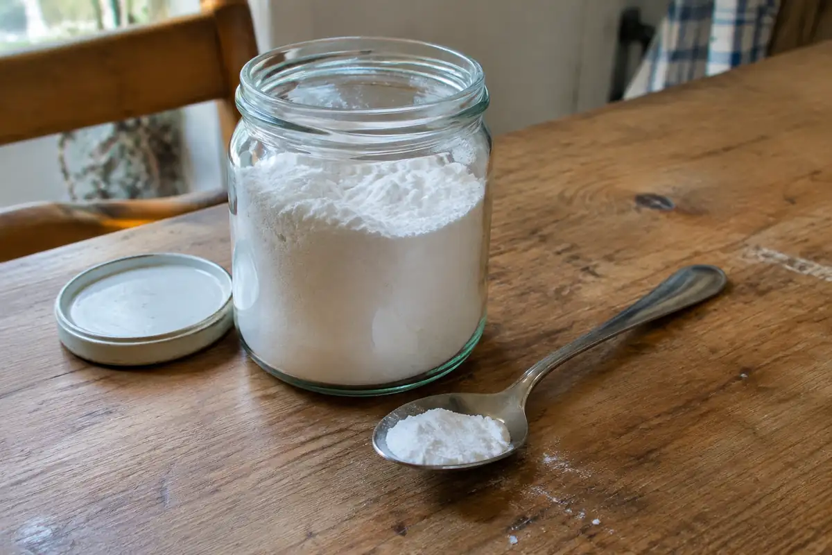 Bocal de bicarbonate de soude et cuillère à café posée sur une table