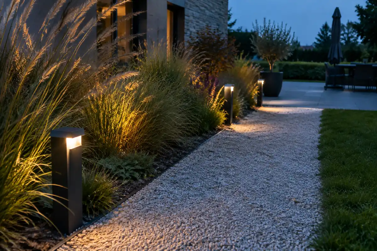 Bornes lumineuses basses le long d'une allée de gravier clair au crépuscule, graminées éclairées par le bas