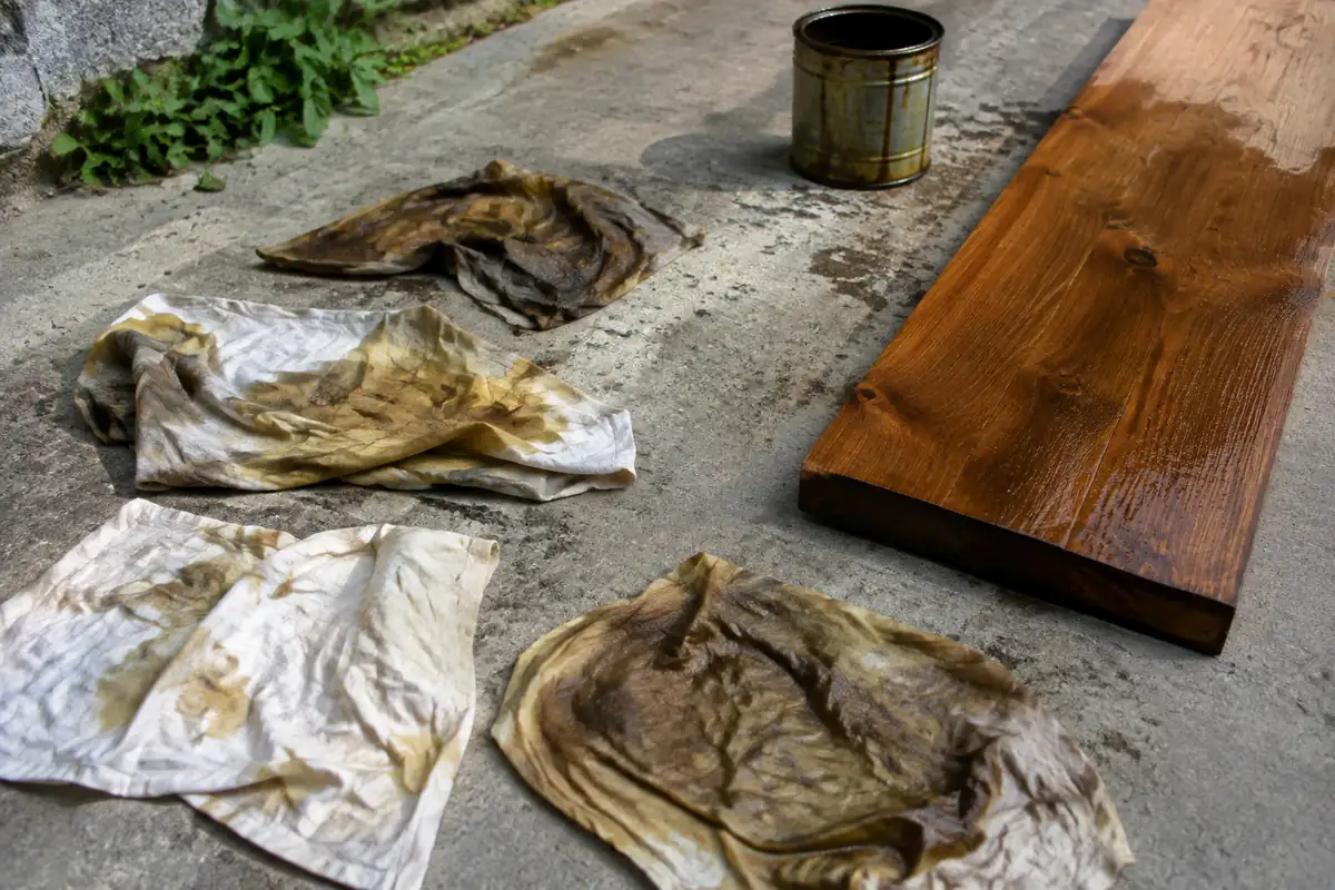 Chiffons imbibés d'huile étendus à plat sur du béton à côté d'une planche de bois huilée