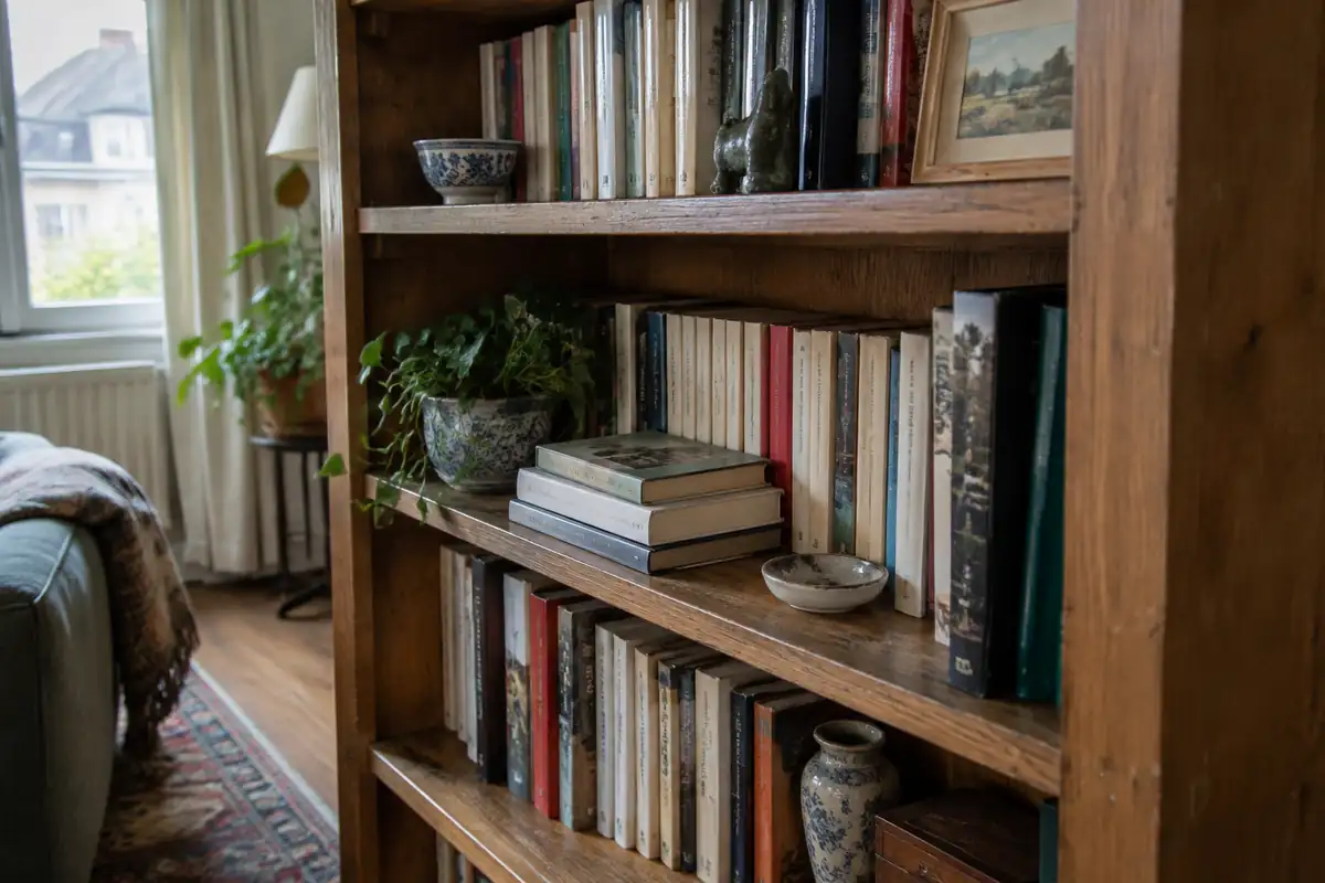 Déco de bibliothèque : 10 kg par tablette de 80 cm, donc 25 à 50 cm de livres, et les cotes des objets