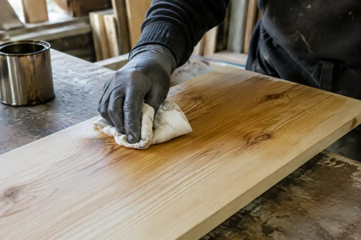 Surplus de teinte essuyé au chiffon dans le sens du fil sur une planche de pin