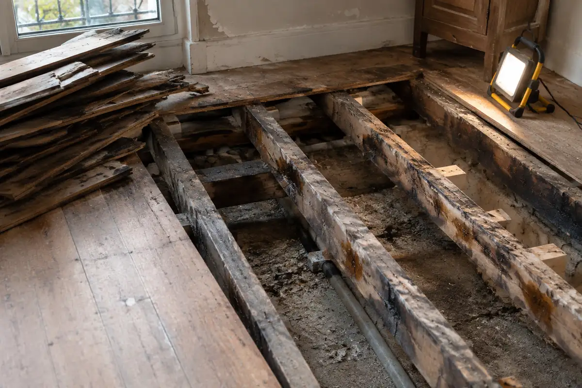 Plancher ancien déposé laissant voir des solives tachées d'humidité, avec une pile de lames retirées et un projecteur de chantier