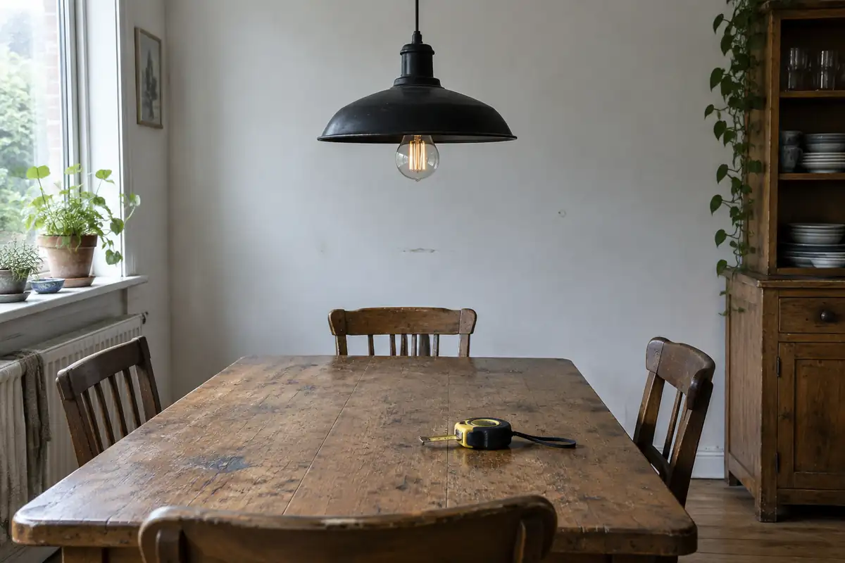 Suspension en métal noir au-dessus d'une table en bois avec un mètre ruban